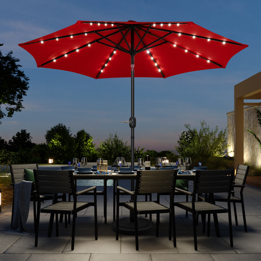 Patio Zone MOSS-T1207R - 9' Tilting Market Umbrella with DEL Lighting (Cover Include) in UV-Protected Polyester - Red