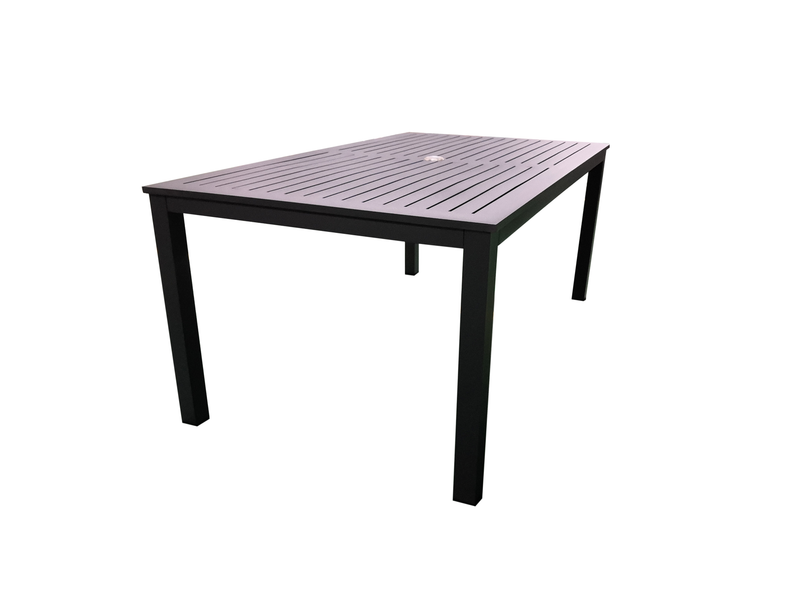 Chargez l&#39;image dans la visionneuse de la galerie, MOSS MOSS-T297C - Collection Akumal, Table rectangulaire en aluminium anthracite avec lattes en aluminium anthracite et trou pour parasol 71&quot; x 39&quot; x H 29,1&quot;
