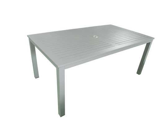 MOSS MOSS-T297GP - Collection Akumal, Table rectangulaire en aluminium gris clair avec lattes en aluminium gris clair et trou pour parasol 71