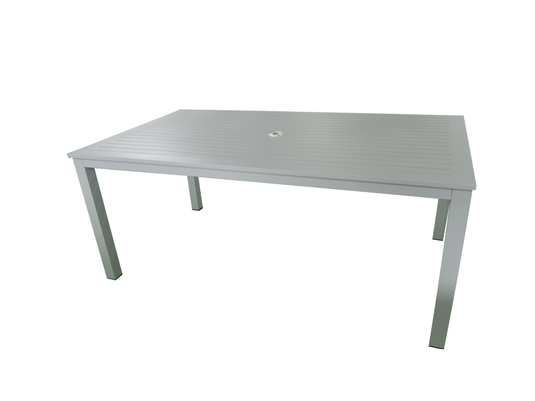 MOSS MOSS-T297GP - Collection Akumal, Table rectangulaire en aluminium gris clair avec lattes en aluminium gris clair et trou pour parasol 71