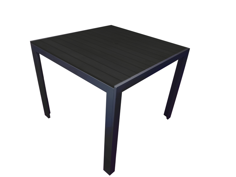 Chargez l&#39;image dans la visionneuse de la galerie, Moss MOSS-T302C - Collection Akumal, Table de condo carrée en aluminium anthracite avec lattes en polywood noir et trou pour parasol 35,4&quot; x 35,4&quot;, H29,1&quot;
