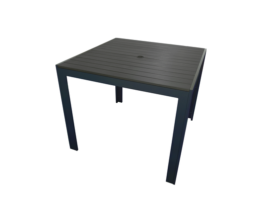 Moss MOSS-T302C - Collection Akumal, Table de condo carrée en aluminium anthracite avec lattes en polywood noir et trou pour parasol 35,4