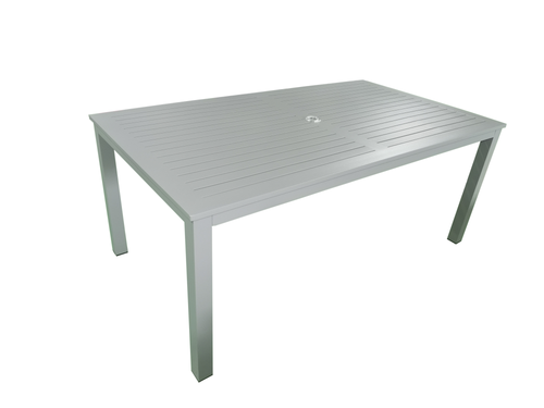 MOSS MOSS-T304GP - Collection Akumal, Table rectangulaire en aluminium gris clair avec lattes en aluminium gris clair et trou pour parasol 60