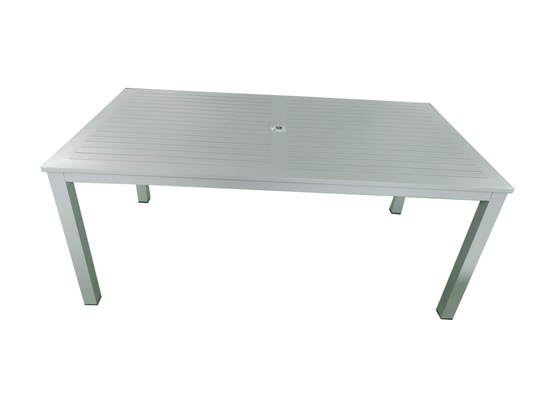 MOSS MOSS-T304GP - Collection Akumal, Table rectangulaire en aluminium gris clair avec lattes en aluminium gris clair et trou pour parasol 60