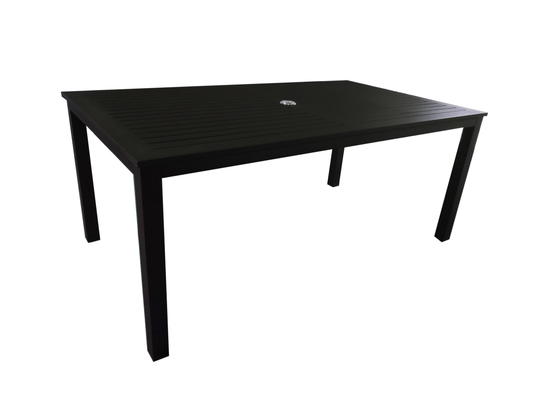 MOSS MOSS-T304N - Collection Akumal, Table Rectangulaire Aluminium Noir Mat avec lattes en aluminium noir mat et trou pour parasol 60