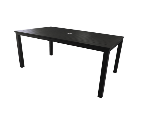 MOSS MOSS-T304N - Collection Akumal, Table Rectangulaire Aluminium Noir Mat avec lattes en aluminium noir mat et trou pour parasol 60