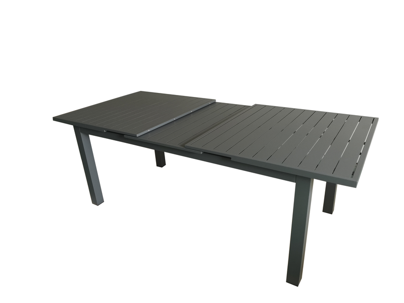 Chargez l&#39;image dans la visionneuse de la galerie, MOSS MOSS-T306C - Collection Akumal, Table extensible Charcoal avec lattes en aluminium avec plateau en verre trempé et mécanisme coulissant haut/bas 71&quot;(95&quot; avec extension) x 39&quot; x H 29.1&quot;
