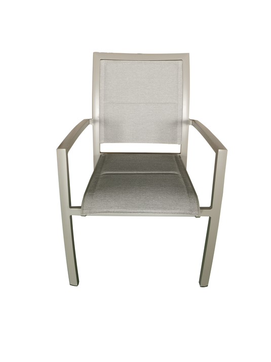 MOSS MOSS-T316TMA - Collection Akumal, Chaise empilable en aluminium mat taupe avec siège rembourré en textilène mélangé taupe à séchage rapide 24" x 31" x H 36"