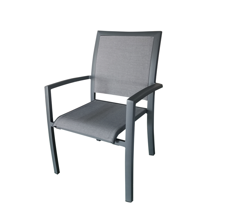 Chargez l&#39;image dans la visionneuse de la galerie, MOSS MOSS-T317GM - Collection Akumal, Chaise empilable en aluminium mat anthracite avec assise en textilène mélangé gris 24&quot; x 31&quot; x H 36&quot;
