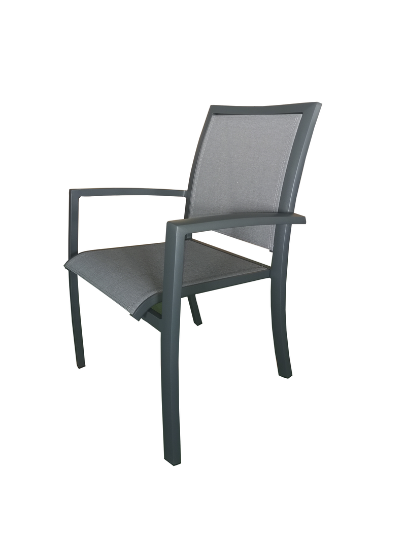 Chargez l&#39;image dans la visionneuse de la galerie, MOSS MOSS-T317GM - Collection Akumal, Chaise empilable en aluminium mat anthracite avec assise en textilène mélangé gris 24&quot; x 31&quot; x H 36&quot;
