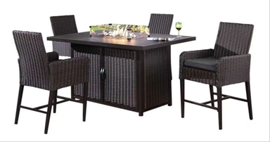 MOSS-WH002N - Ensemble de bar noir 5 pièces, 4 chaises en rotin, table et foyer au gaz