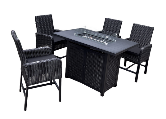 MOSS-WH002N - Ensemble de bar noir 5 pièces, 4 chaises en rotin, table et foyer au gaz