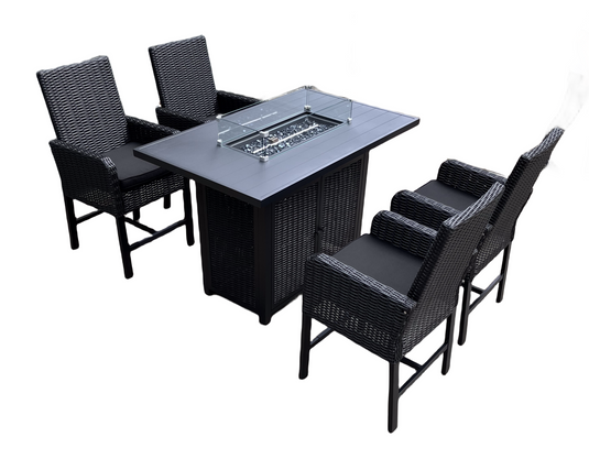 MOSS-WH002N - Ensemble de bar noir 5 pièces, 4 chaises en rotin, table et foyer au gaz