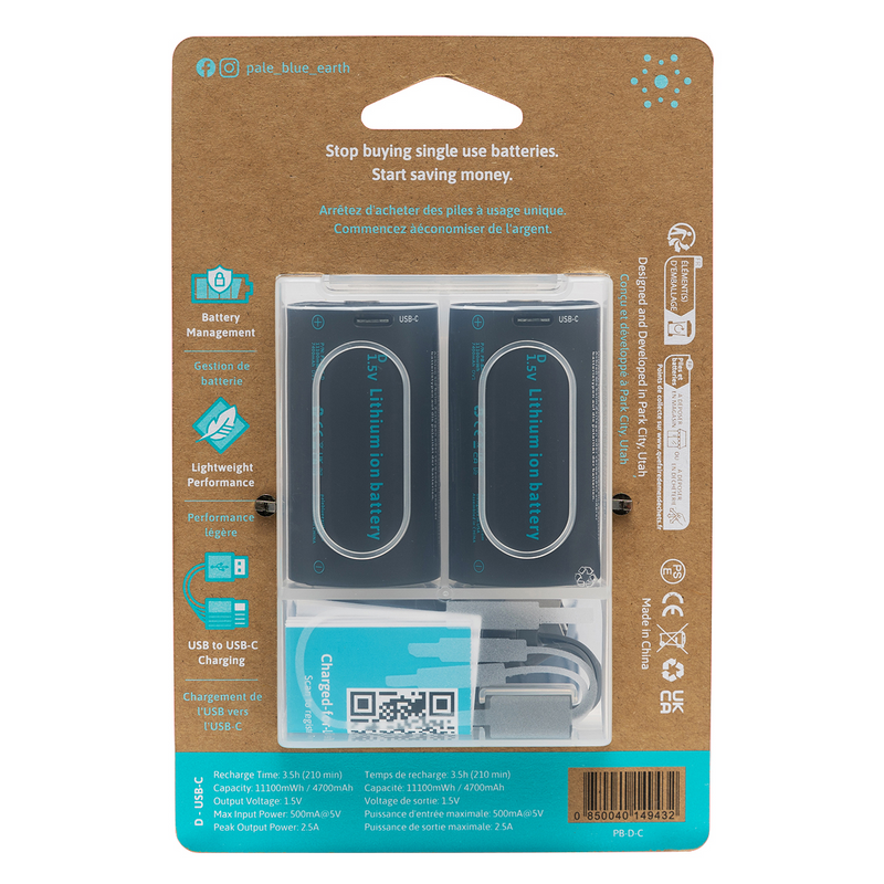 Load image into Gallery viewer, Pale Blue Earth PB-D-C - (2) D USB Rechargeable Smart Batteries with 2 in 1 charging cable
