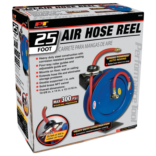 Performance Tools PTM608 - Auto Rewind Hose Reel with 25' Hose