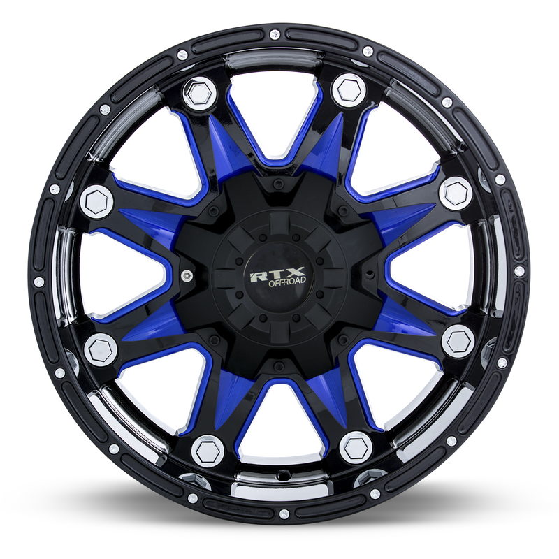 Load image into Gallery viewer, RTX® (Offroad) • 082448 • Spine • Black with Milled Blue Spokes • 17x9 6x135/139.7 ET10 CB87.1
