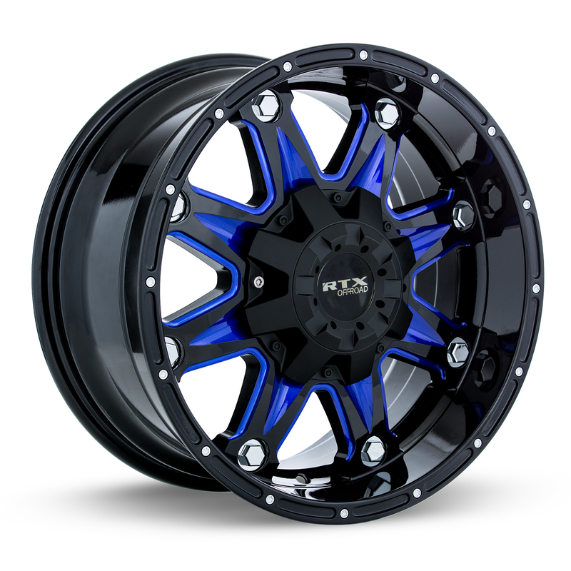 Load image into Gallery viewer, RTX® (Offroad) • 082448 • Spine • Black with Milled Blue Spokes • 17x9 6x135/139.7 ET10 CB87.1
