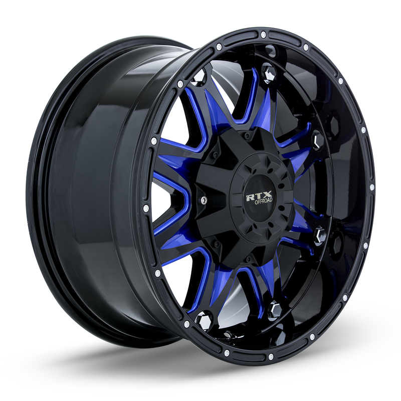 Load image into Gallery viewer, RTX® (Offroad) • 082448 • Spine • Black with Milled Blue Spokes • 17x9 6x135/139.7 ET10 CB87.1
