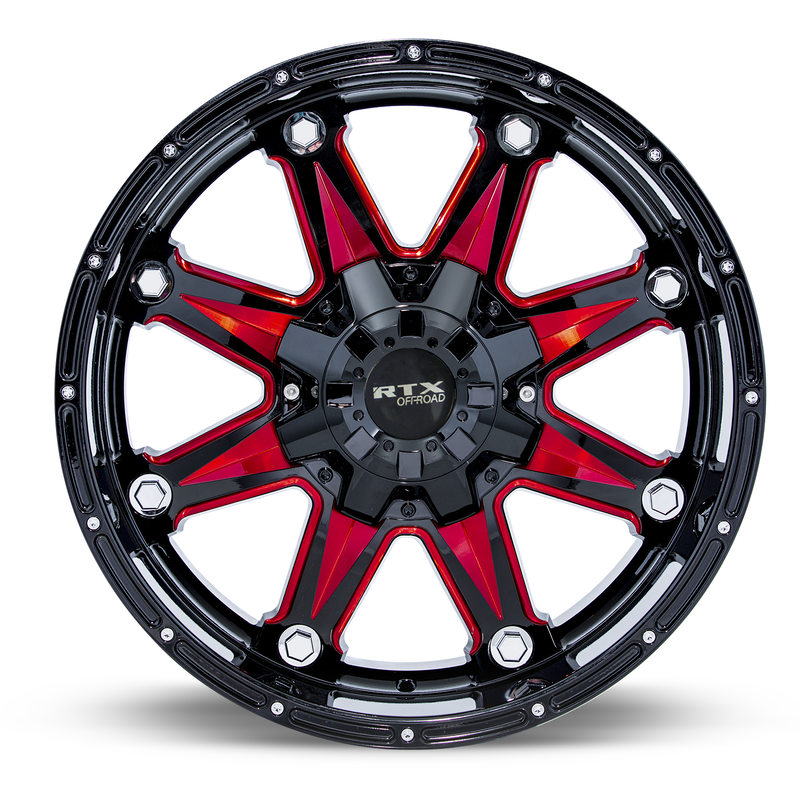 Load image into Gallery viewer, RTX® (Offroad) • 081996 • Spine • Black with Milled Red Spokes • 18x9 6x135/139.7 ET10 CB87.1
