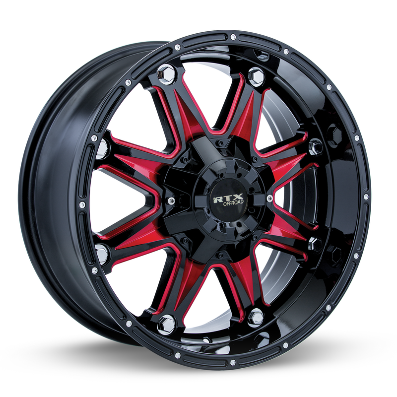 Load image into Gallery viewer, RTX® (Offroad) • 082450 • Spine • Black with Milled Red Spokes • 17x9 6x135/139.7 ET10 CB87.1
