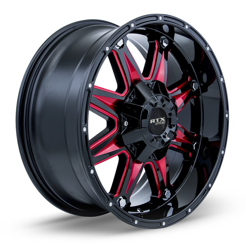 Load image into Gallery viewer, RTX® (Offroad) • 081996 • Spine • Black with Milled Red Spokes • 18x9 6x135/139.7 ET10 CB87.1
