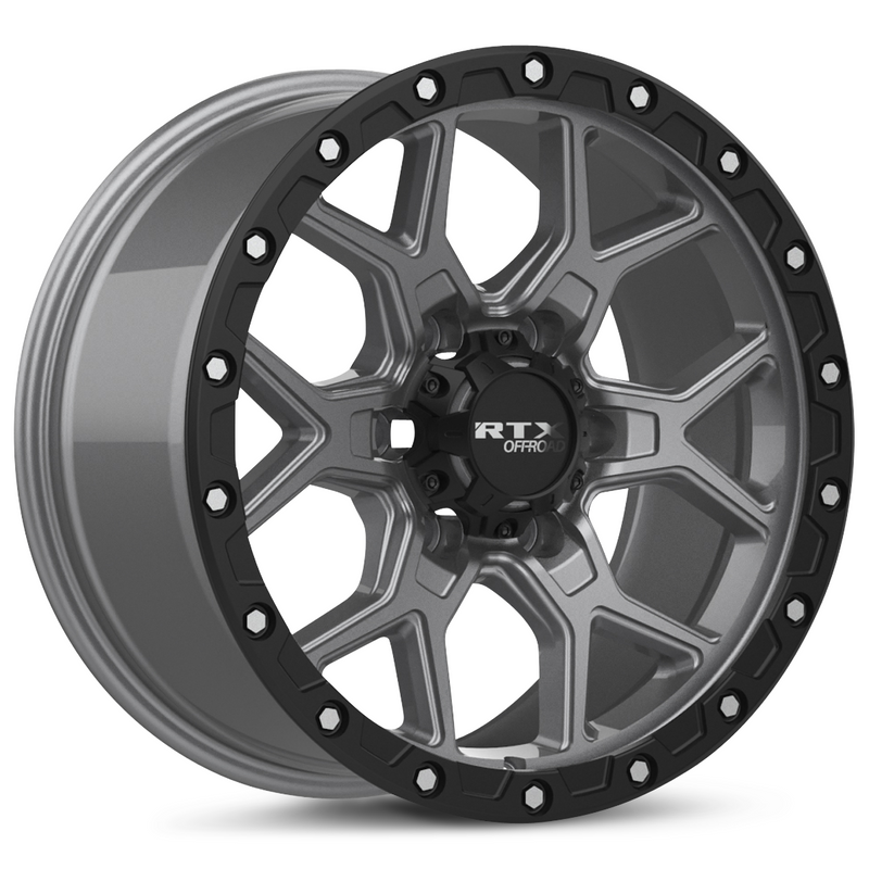 Chargez l&#39;image dans la visionneuse de la galerie, RTX® (Offroad) • 178605 • Storm • Matte Gunmetal with Black Lip and Milled Rivets • 17x8.5 6x139.7 ET20 CB106.1
