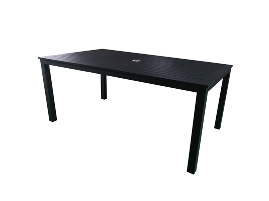 MOSS MOSS-T297N - Collection Akumal, Table Rectangulaire Aluminium Noir Mat avec lattes en aluminium noir mat et trou pour parasol 71