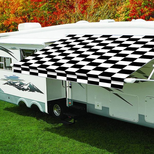 Carefree EA169A00 - Fiesta, 16'W x 8'Ext. Vinyl Checkered White/Black Manual RV Patio Awning with White Weather Cover