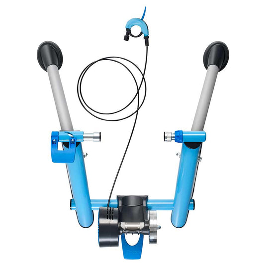 Top view of Garmin Tacx Blue Matic Magnetic Trainer with handlebar resistance lever and cable