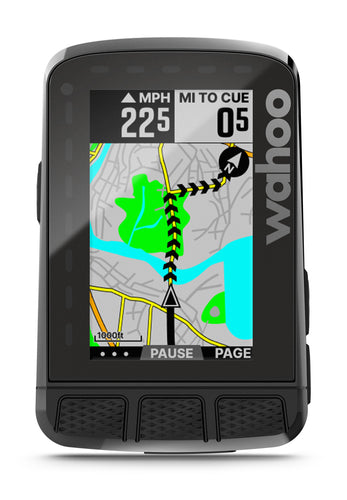 Wahoo ELEMNT ROAM v2 GPS bike computer with navigation display showing route and turn-by-turn directions.