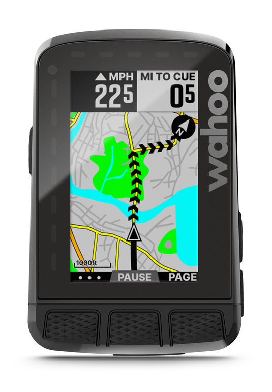 Wahoo ELEMNT ROAM v2 GPS bike computer with navigation display showing route and turn-by-turn directions.