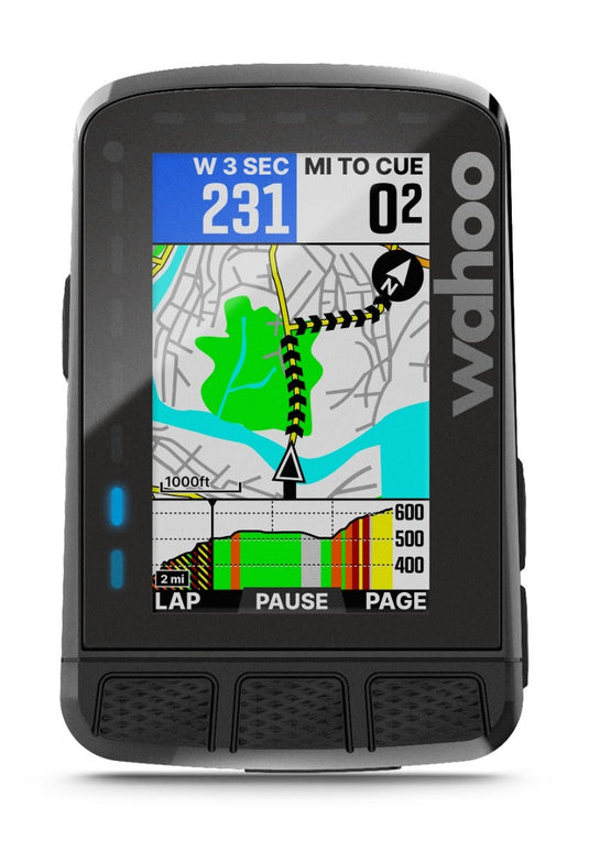 Wahoo ELEMNT ROAM v2 GPS bike computer showing detailed route and elevation tracking on the color display.