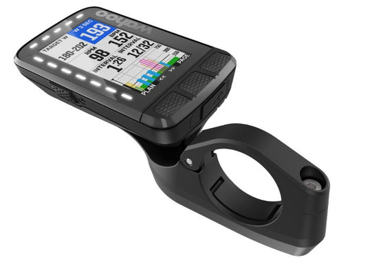 Wahoo ELEMNT ROAM v2 GPS bike computer attached to an integrated out-front mount, displaying ride stats on the color screen.